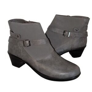 Grey Faux Leather Ankle Booties Side Zip Buckle Strap Block Heel Womens 12W